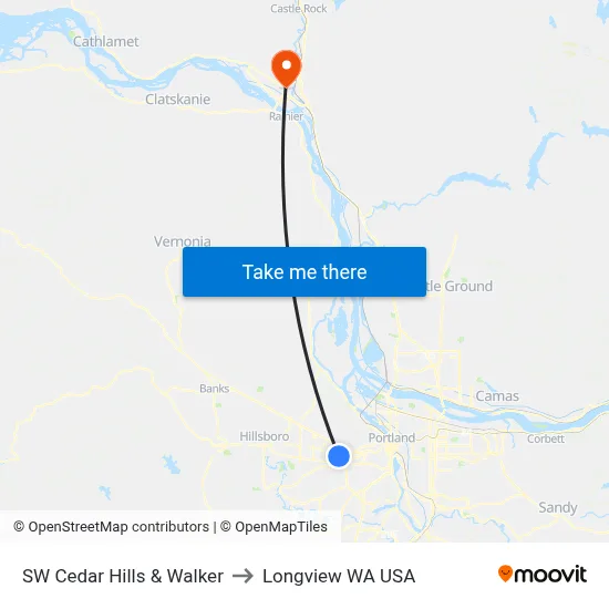SW Cedar Hills & Walker to Longview WA USA map