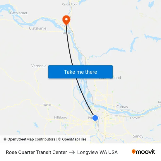 Rose Quarter Transit Center to Longview WA USA map