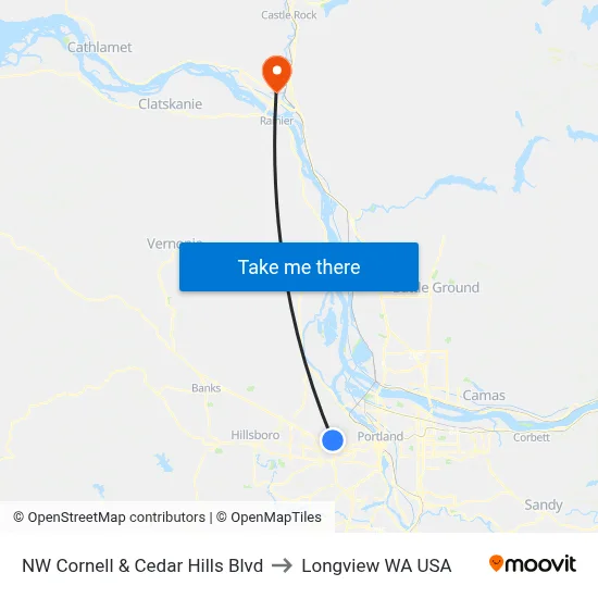 NW Cornell & Cedar Hills Blvd to Longview WA USA map