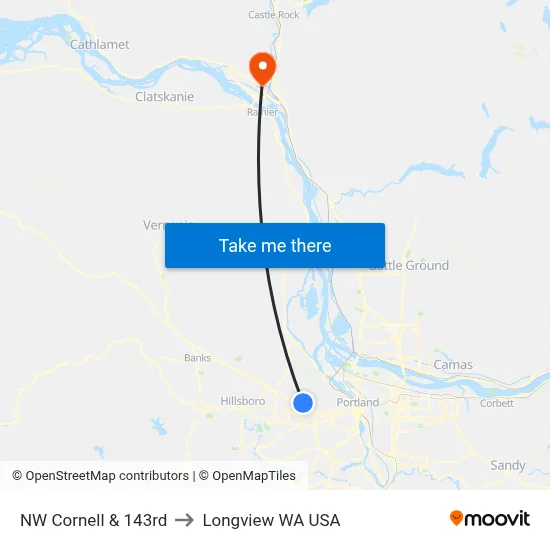 NW Cornell & 143rd to Longview WA USA map