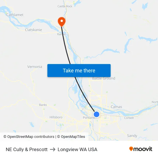 NE Cully & Prescott to Longview WA USA map