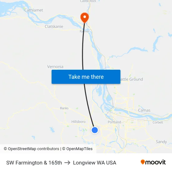 SW Farmington & 165th to Longview WA USA map