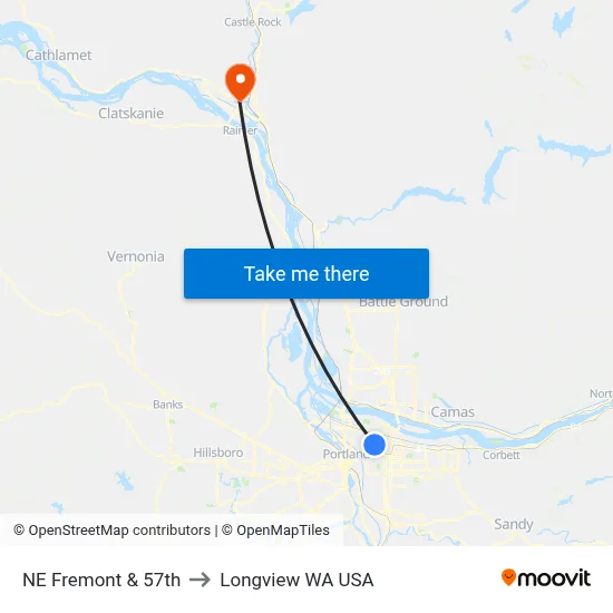NE Fremont & 57th to Longview WA USA map