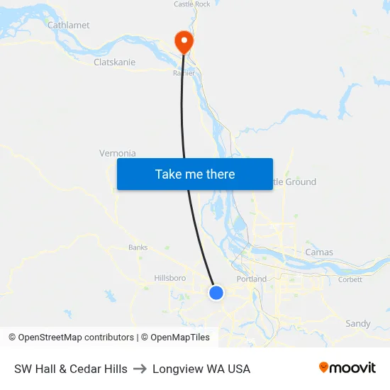 SW Hall & Cedar Hills to Longview WA USA map