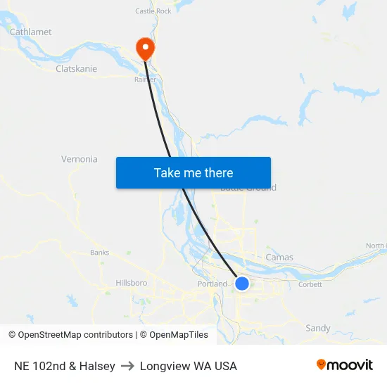 NE 102nd & Halsey to Longview WA USA map