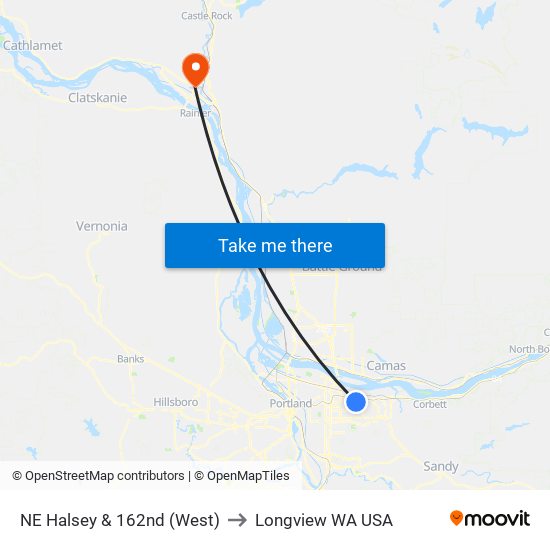 NE Halsey & 162nd (West) to Longview WA USA map