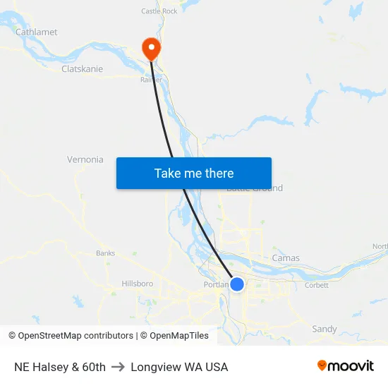 NE Halsey & 60th to Longview WA USA map