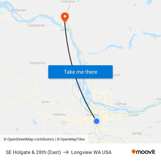 SE Holgate & 28th (East) to Longview WA USA map