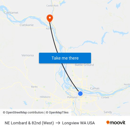 NE Lombard & 82nd (West) to Longview WA USA map