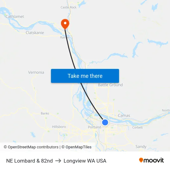 NE Lombard & 82nd to Longview WA USA map