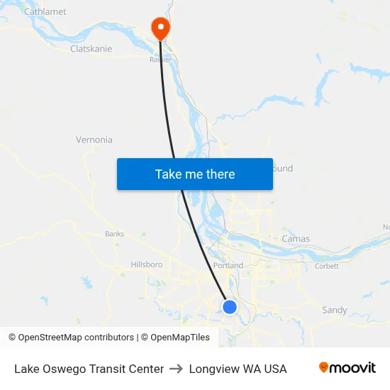 Lake Oswego Transit Center to Longview WA USA map
