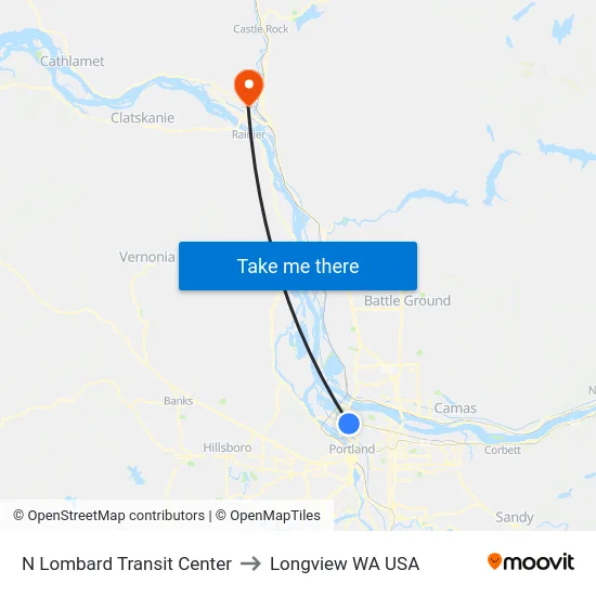 N Lombard Transit Center to Longview WA USA map