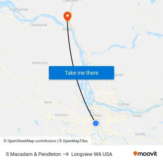 S Macadam & Pendleton to Longview WA USA map