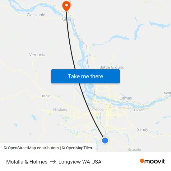Molalla & Holmes to Longview WA USA map