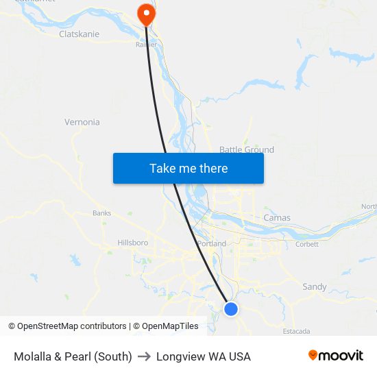 Molalla & Pearl (South) to Longview WA USA map