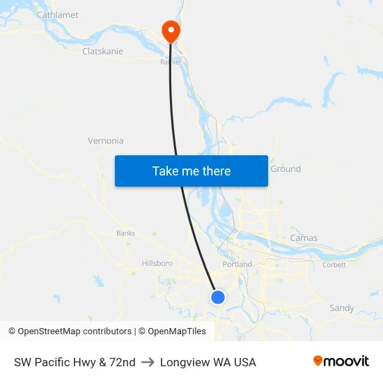 SW Pacific Hwy & 72nd to Longview WA USA map