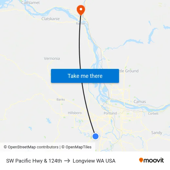 SW Pacific Hwy & 124th to Longview WA USA map