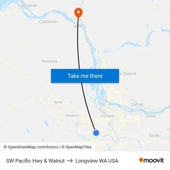 SW Pacific Hwy & Walnut to Longview WA USA map