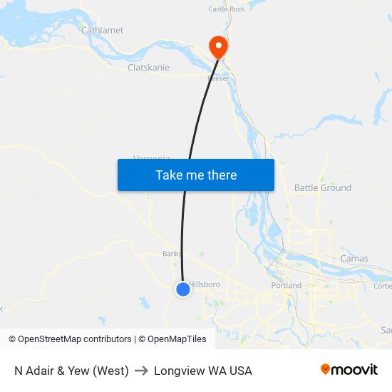 N Adair & Yew (West) to Longview WA USA map