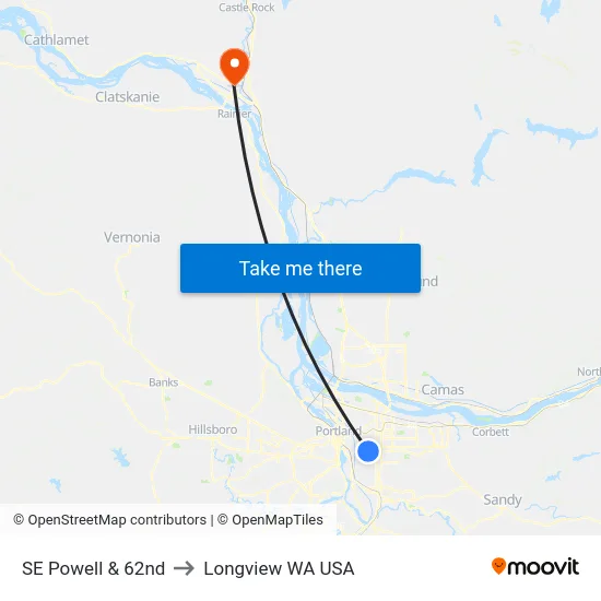 SE Powell & 62nd to Longview WA USA map