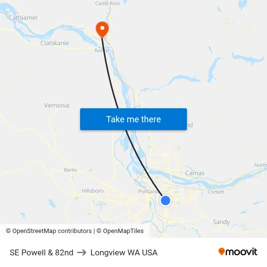 SE Powell & 82nd to Longview WA USA map