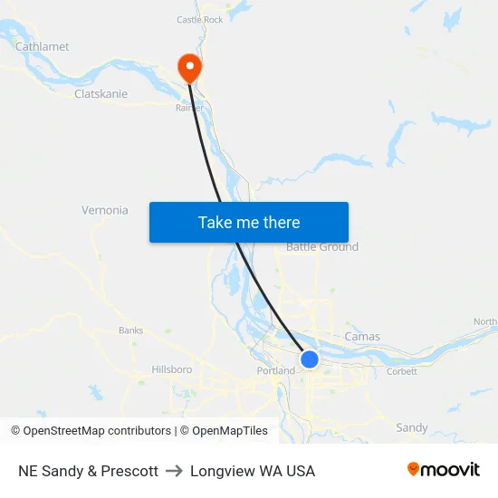 NE Sandy & Prescott to Longview WA USA map