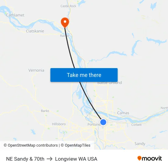 NE Sandy & 70th to Longview WA USA map