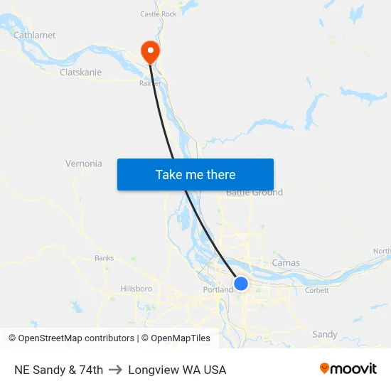 NE Sandy & 74th to Longview WA USA map