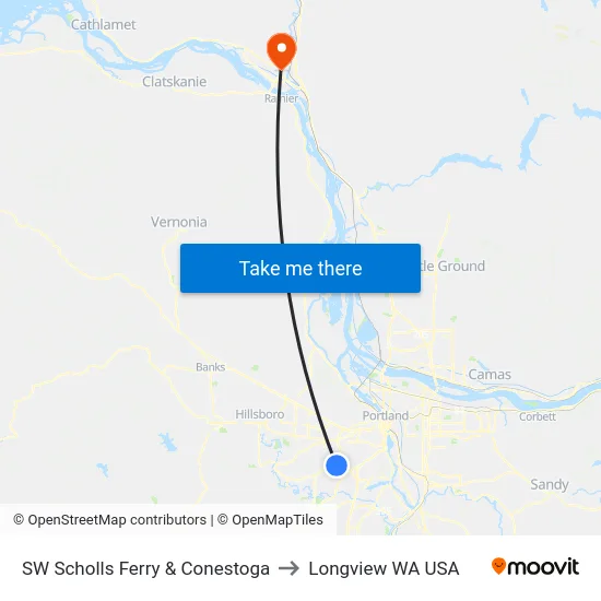 SW Scholls Ferry & Conestoga to Longview WA USA map