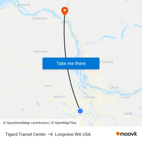 Tigard Transit Center to Longview WA USA map