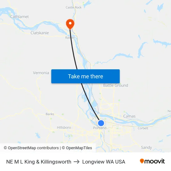 NE M L King & Killingsworth to Longview WA USA map