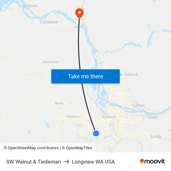 SW Walnut & Tiedeman to Longview WA USA map