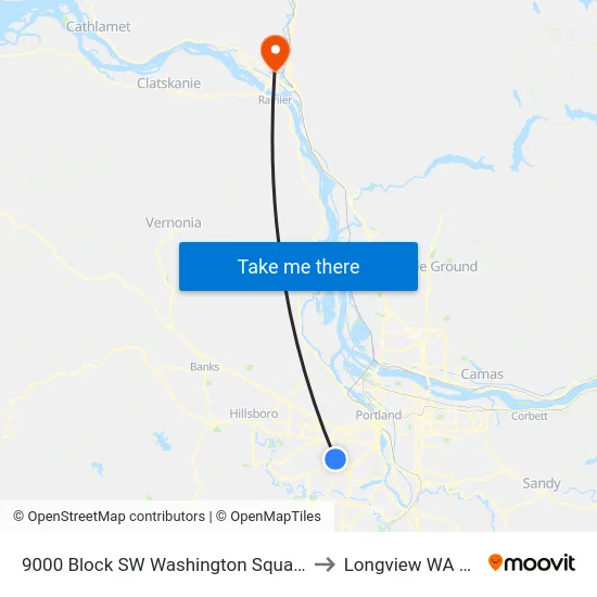 9000 Block SW Washington Square Rd to Longview WA USA map