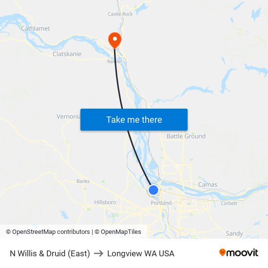 N Willis & Druid (East) to Longview WA USA map