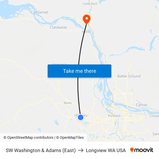 SW Washington & Adams (East) to Longview WA USA map