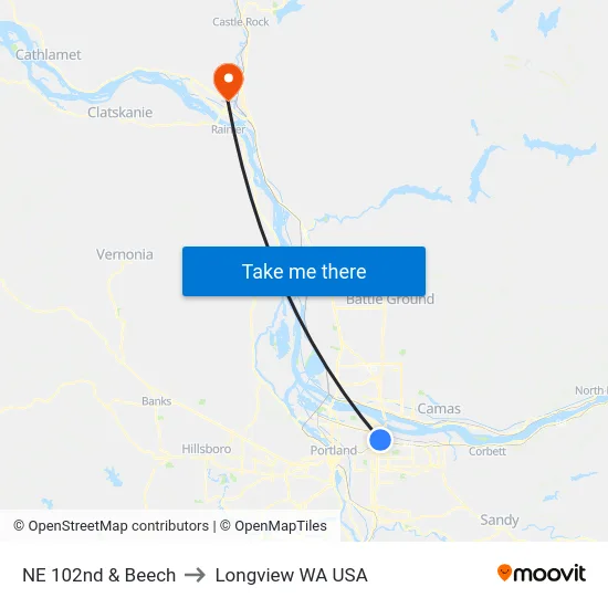 NE 102nd & Beech to Longview WA USA map