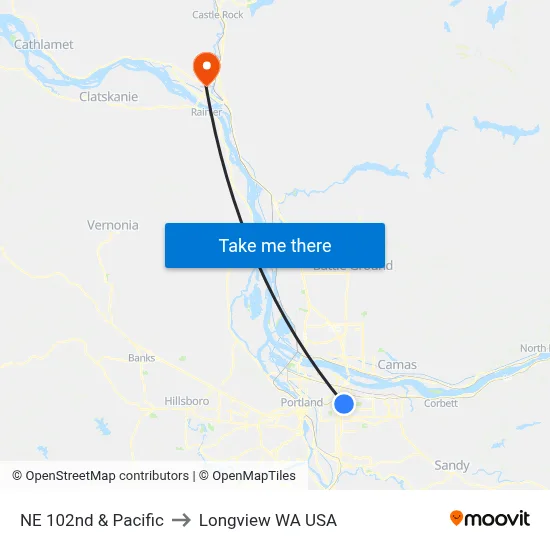 NE 102nd & Pacific to Longview WA USA map