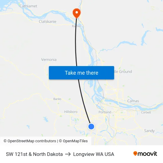 SW 121st & North Dakota to Longview WA USA map