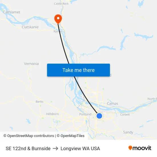 SE 122nd & Burnside to Longview WA USA map