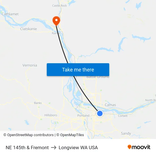 NE 145th & Fremont to Longview WA USA map