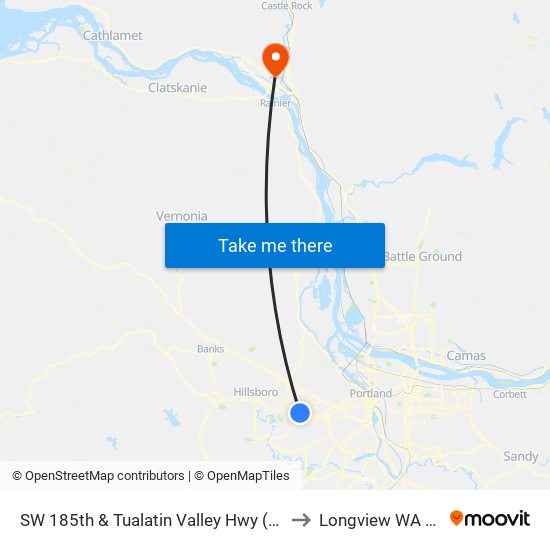 SW 185th & Tualatin Valley Hwy (North) to Longview WA USA map