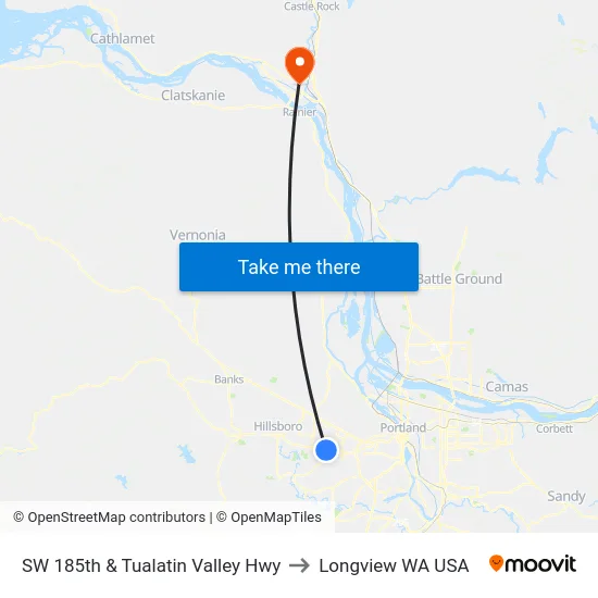 SW 185th & Tualatin Valley Hwy to Longview WA USA map