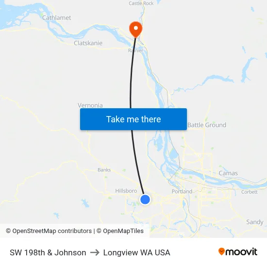 SW 198th & Johnson to Longview WA USA map