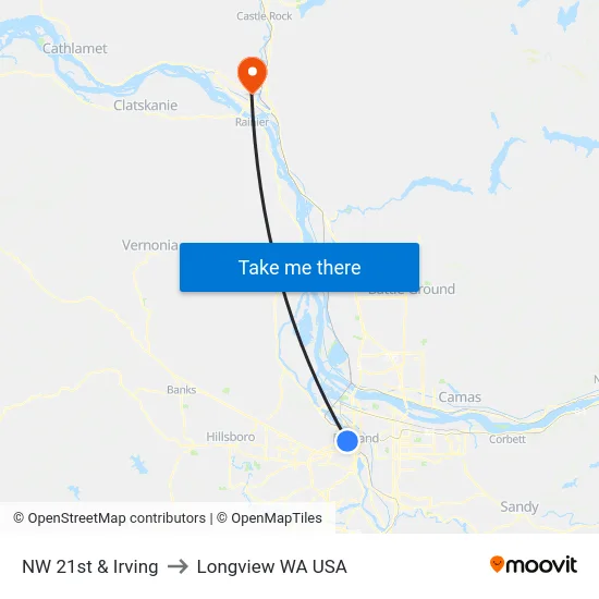NW 21st & Irving to Longview WA USA map
