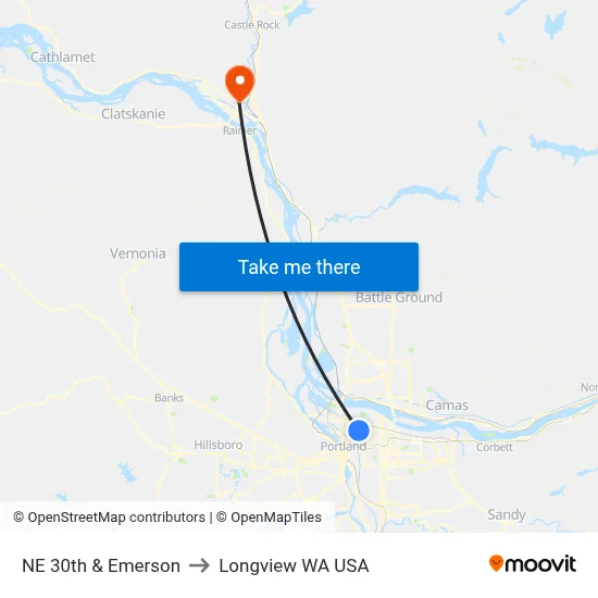 NE 30th & Emerson to Longview WA USA map