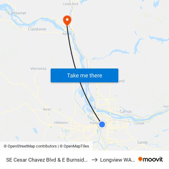 SE Cesar Chavez Blvd & E Burnside (North) to Longview WA USA map