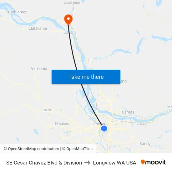 SE Cesar Chavez Blvd & Division to Longview WA USA map
