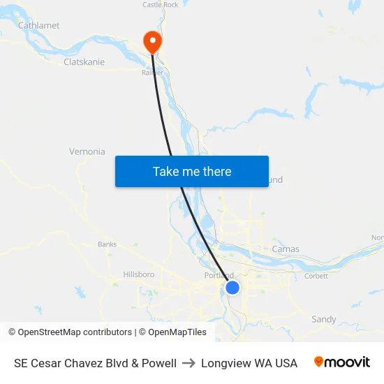 SE Cesar Chavez Blvd & Powell to Longview WA USA map