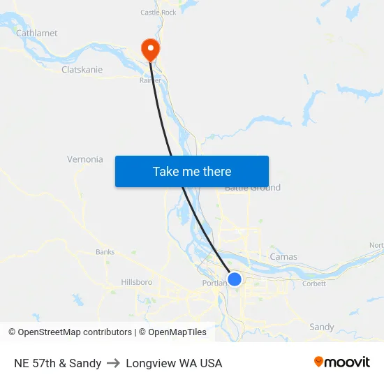 NE 57th & Sandy to Longview WA USA map