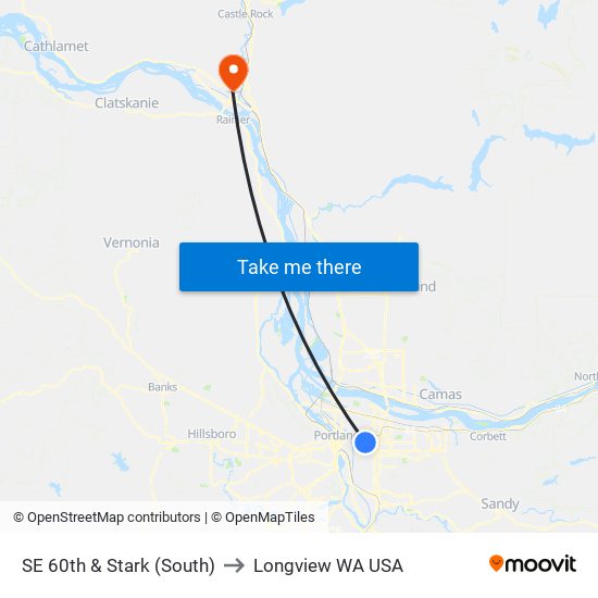 SE 60th & Stark (South) to Longview WA USA map